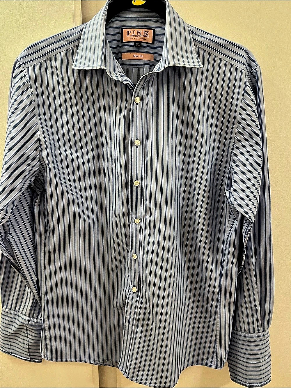 Thomas Pink Slim Fit French Cuff Dress Shirt 15.5 / 39 Blue Stripe